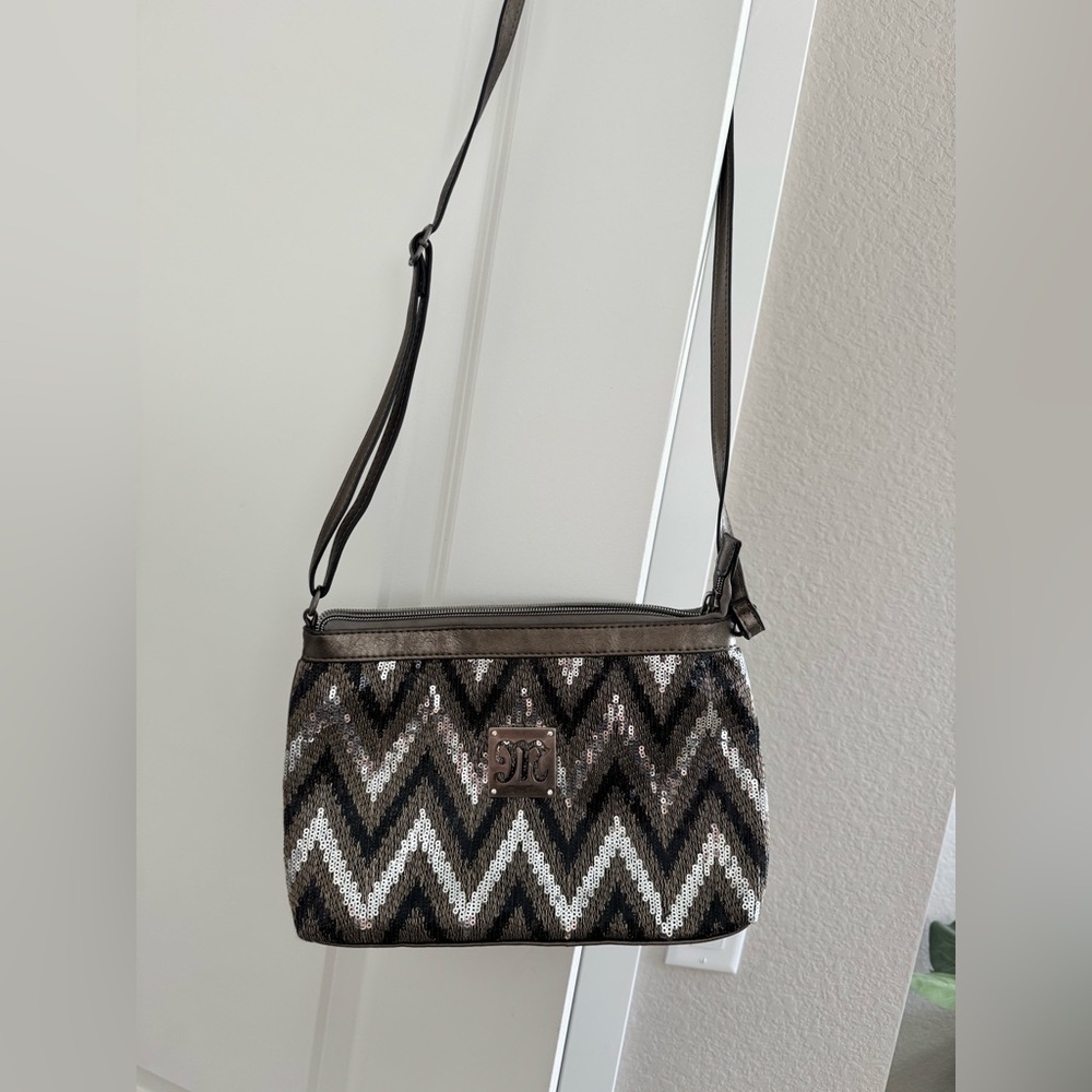 Miss Me Black and Silver Chevron Crossbody Bag